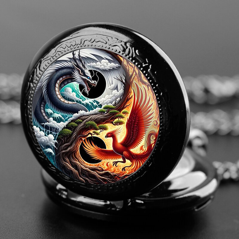 Mysterio phoenix Dragon Glass Dome reloj de bolsillo de cuarzo Vintage para hombres y mujeres, colgante, collar, cadena, reloj con dijes, regalos de joyería