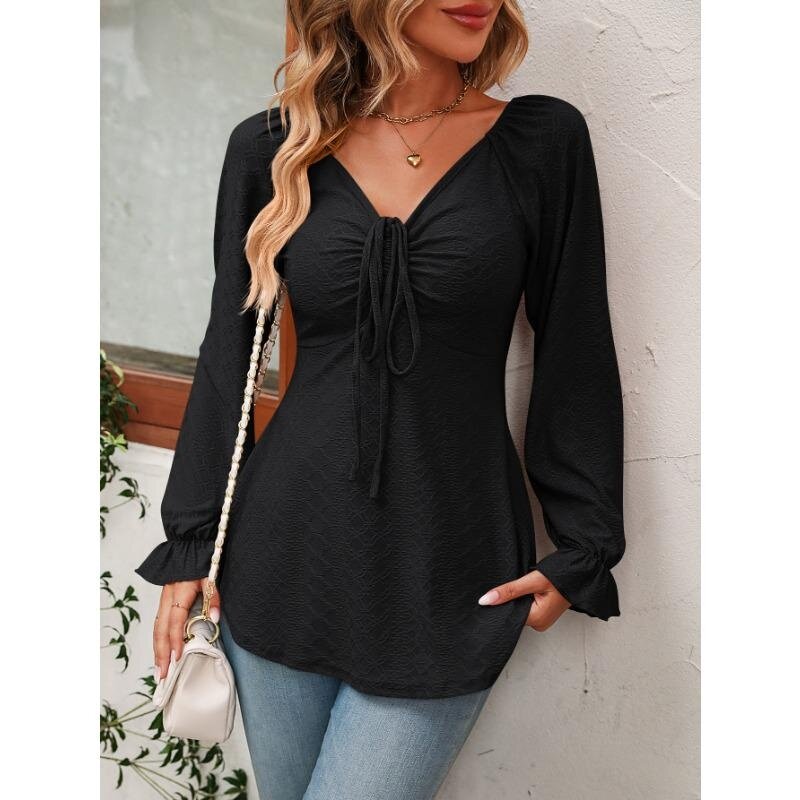 Spring and Autumn New Fashion Solid Color Women's Top Sexy V-neck Female Lace Up Drawstring Waist Long Sleeve T-shirt Pullover