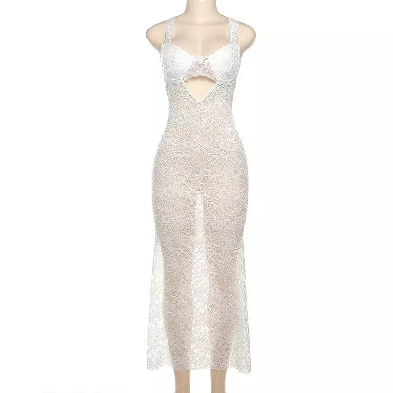MYQH04-vestido blanco ajustado de encaje para mujer, traje largo con tirantes finos, Espalda descubierta, Sexy, para fiesta y club nocturno, 2024