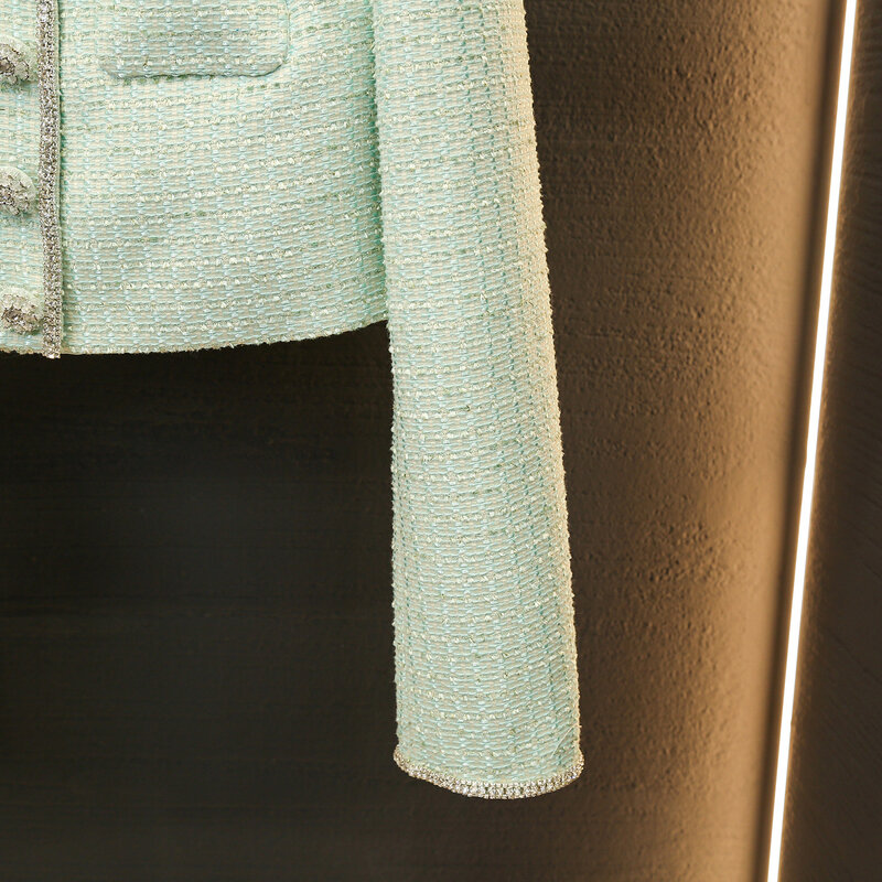 Damen Perlen Set Plissee A-Linie Minirock mit hoher Taille oder O-Ausschnitt Einreiher Langarm jacke