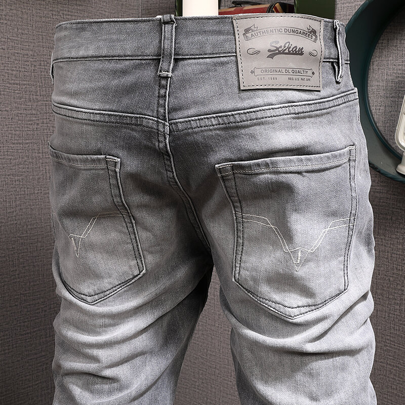 Europeu do vintage da forma dos homens jeans retro cinza de alta qualidade elástico fino ajuste rasgado jeans masculino casual designer calças jeans hombre