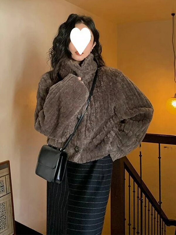 Chaqueta de piel gruesa para mujer, abrigo de cuello alto de manga larga, Estilo Vintage, sólido, cálido, otoño e invierno, 2023