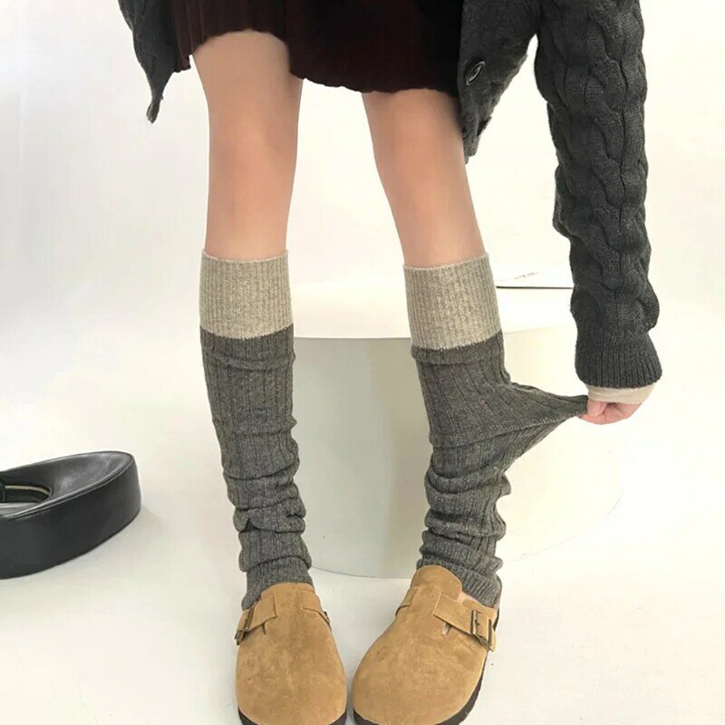 Knitted Sheep Velvet Contrasting Patchwork Leg Covers Socks For Women'S Warm Mid Tube Socks Solid Color Warming Stacked Socks