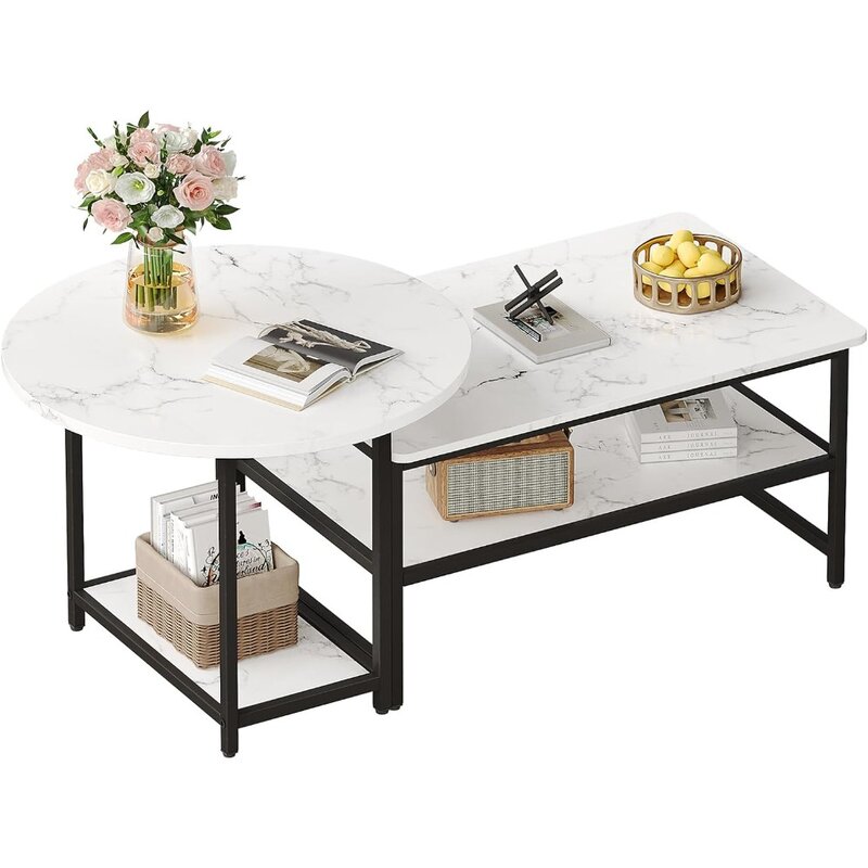Mesa de centro moderna, desmontable, 2 mesas pequeñas, mármol blanco falso