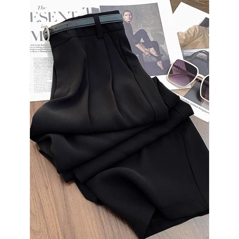 Deeptown pantaloni eleganti neri larghi da donna abbigliamento da ufficio pantaloni Casual dritti a gamba larga pantaloni a vita alta moda coreana