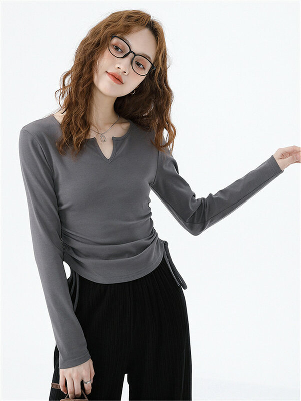 Summer Knitted Cotton Women V-Neck Crop Tops 2 Side Elastic Tie Up Slim Solid Long Sleeve High Street Fashion Soft Shirts