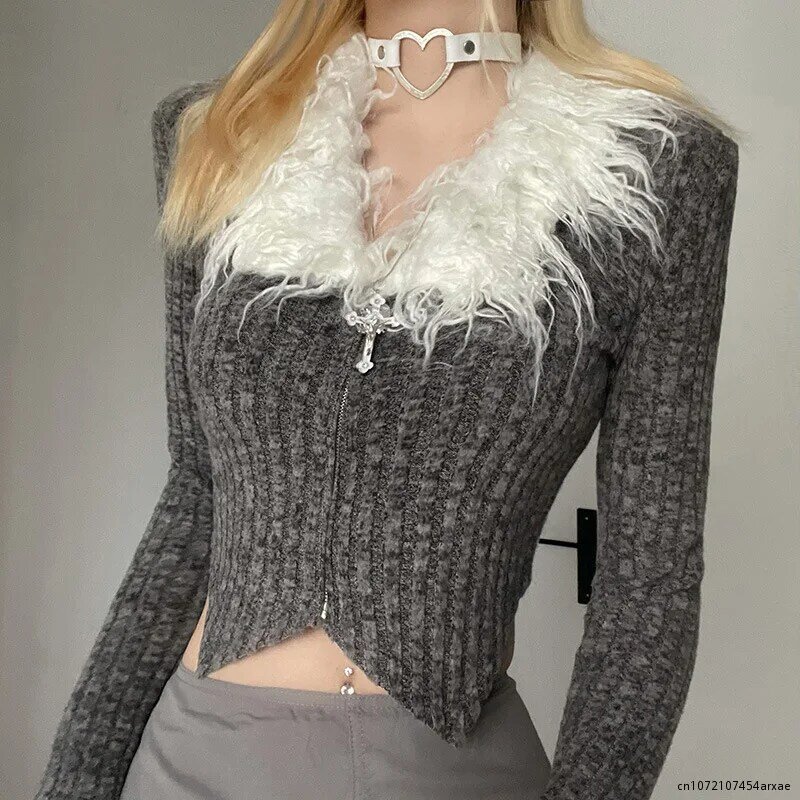 Y2K Sweet Faux Fur Collar และ Cuffs Patchwork เสื้อกันหนาวผู้หญิงฤดูใบไม้ร่วงฤดูหนาว Zip Up สีเทา Bodycon เสื้อกันหนาว