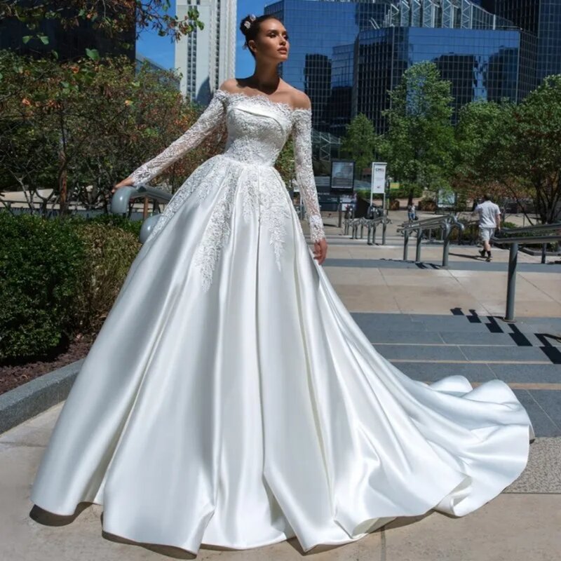 Classy Beaded Lace Wedding Dresses Sheer Off The Shoulder Long Sleeves Bridal Gowns Court Train Satin Appliqued vestido de novia