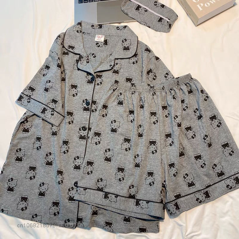 Sanrio-Pijama de Hello Kitty para mujer, ropa de casa de algodón suave, conjunto de 2 piezas, cárdigan Y2k, Top de manga corta, pantalones cortos sueltos, Verano