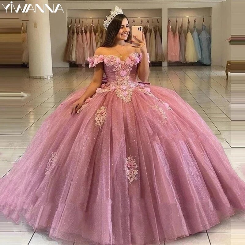 Błyszczące cekiny Quinceanera sukienki pełne wdzięku z ramienia 3D kwiat słodki 16-letni suknia na przyjęcie urodzinowe 15 Anos