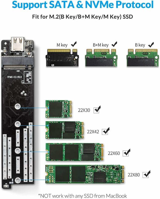 ORICO M2 SSD 케이스 NVME SATA SSD 인클로저 도구, M.2 to USB C 타입 투명 외부 어댑터, UASP 트림 지원, 무료 10Gbps