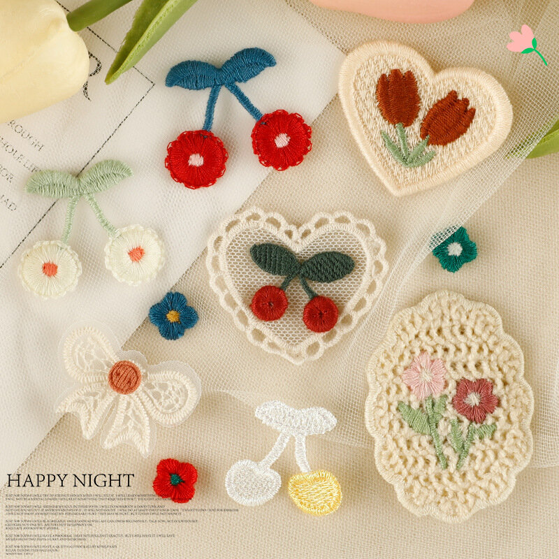 2024 New Embroidery Patches DIY Cherry Flower Bow Handmade No-adhesive Fabric Badges Hair Clips Emblem Clothing Bag Accessories