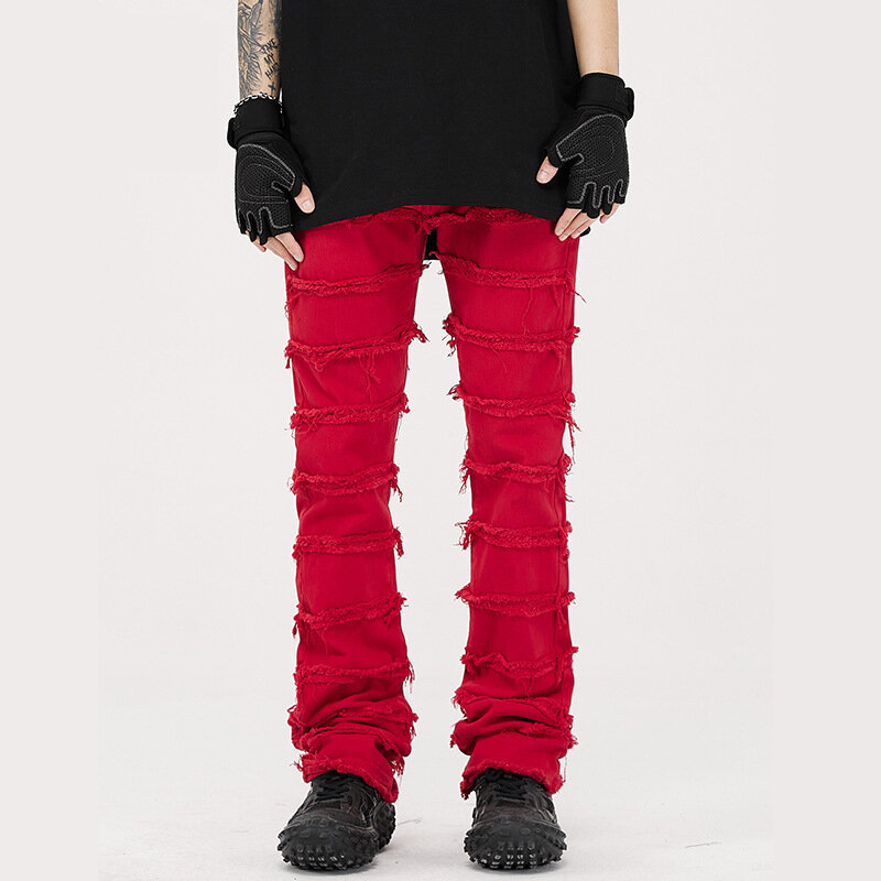 Harajuku Hip Hop Streetwear Jeans larghi dritti sfilacciati con nappe a righe 2023 pantaloni rossi in Denim tinta unita maschili e femminili
