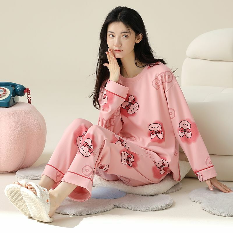 Pijama de algodão puro feminino, terno casual, calças de manga comprida, gola redonda, doce roupa de casa, primavera, outono, 2 peças