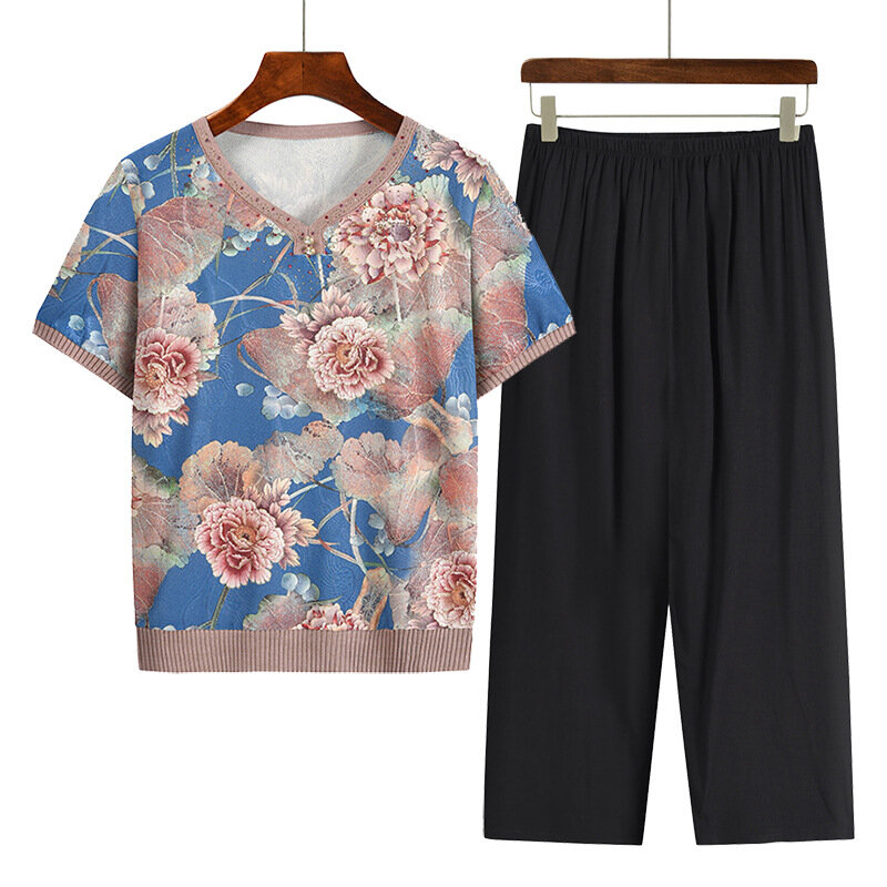 ชุดสองชิ้นคุณแม่วัยกลางคนชุดนอนที่สง่างามเสื้อยืดชุดนอนยายชุด piyama musim panas ขนาดพิเศษ4XL ใส่อยู่บ้าน