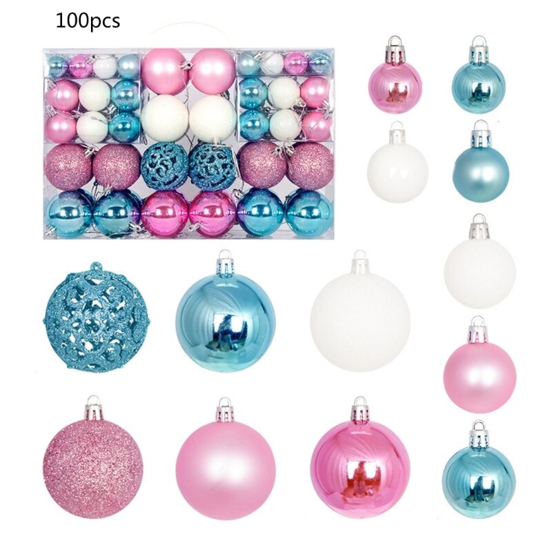 H55A 100 Pieces Christmas Decoration Baubles Set Christmas Tree Ornaments Colorful Balls for Indoor Outdoor Decor Glittering