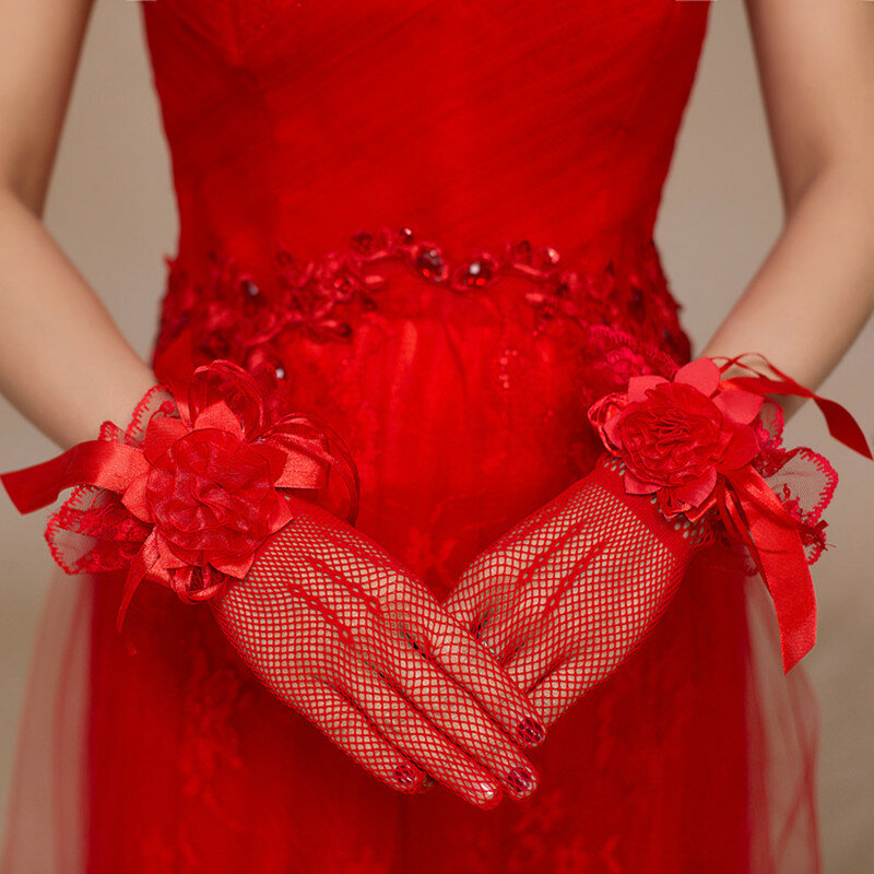 Свадебные Короткие церемониальные перчатки с красно-белыми сетчатыми цветами