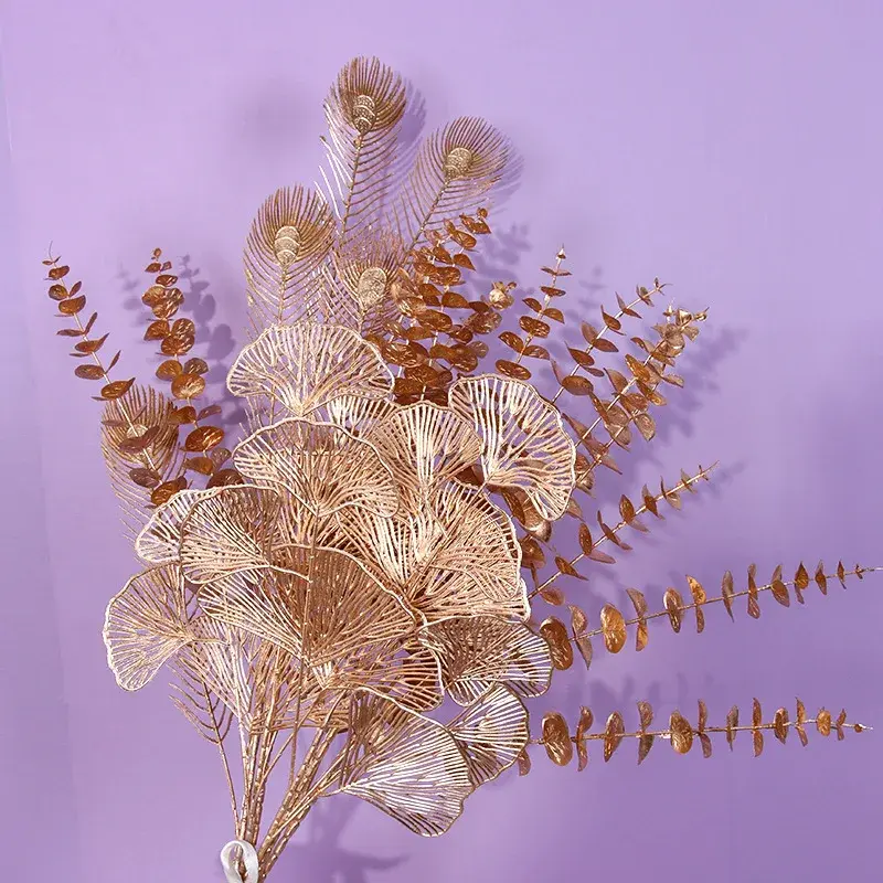 Hojas de Ginkgo doradas artificiales, hojas de eucalipto, abanico de plástico, decoración de boda, hogar y Navidad, flores falsas