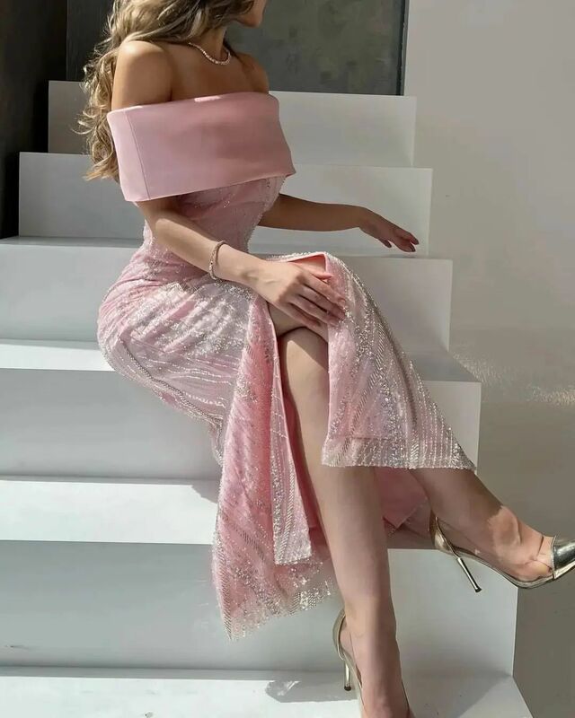 Розовое элегантное платье-Русалка для выпускного вечера, атласное вечернее платье с открытыми плечами и вырезом, модное официальное платье до пола, со скидкой