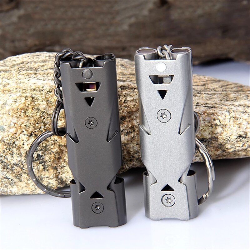 Stainless Steel Portable Keychain Whistle, Outdoor High Decibel, Double Pipe, Emergency Survival, Multifunction Tools, 1Pc