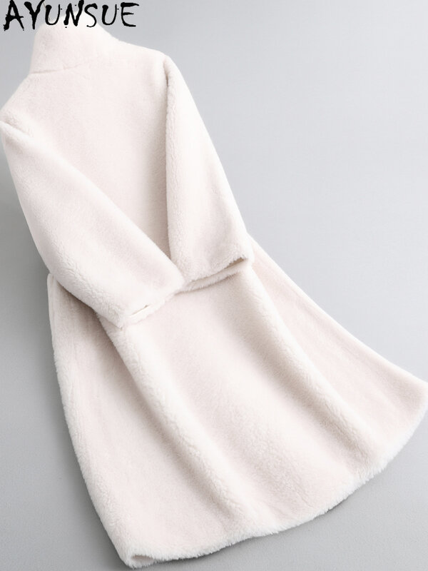 AYUNSUE-Chaqueta de esquilar de oveja para mujer, abrigo largo de piel, chaquetas de lana cálidas, cuello de pie, elegante, invierno, 100%