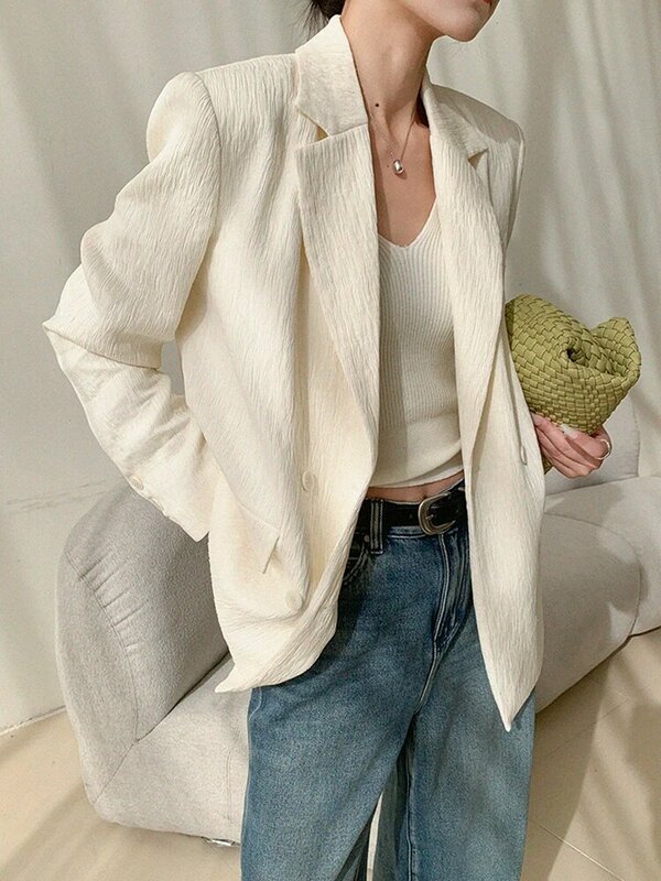 [LANMREM] blazer longgar desainer elegan untuk wanita jaket kantor kancing dua baris mantel busana wanita musim panas 2024 baru 26D9070