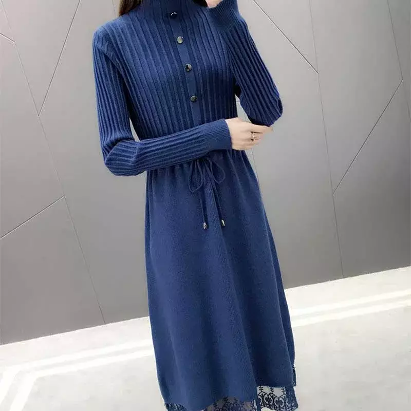 Elegant Stand Collar Spliced Lace Shirring Bandage Midi Dress Women's Clothing Winter Loose Knitted Korean Ladies Dresses E472