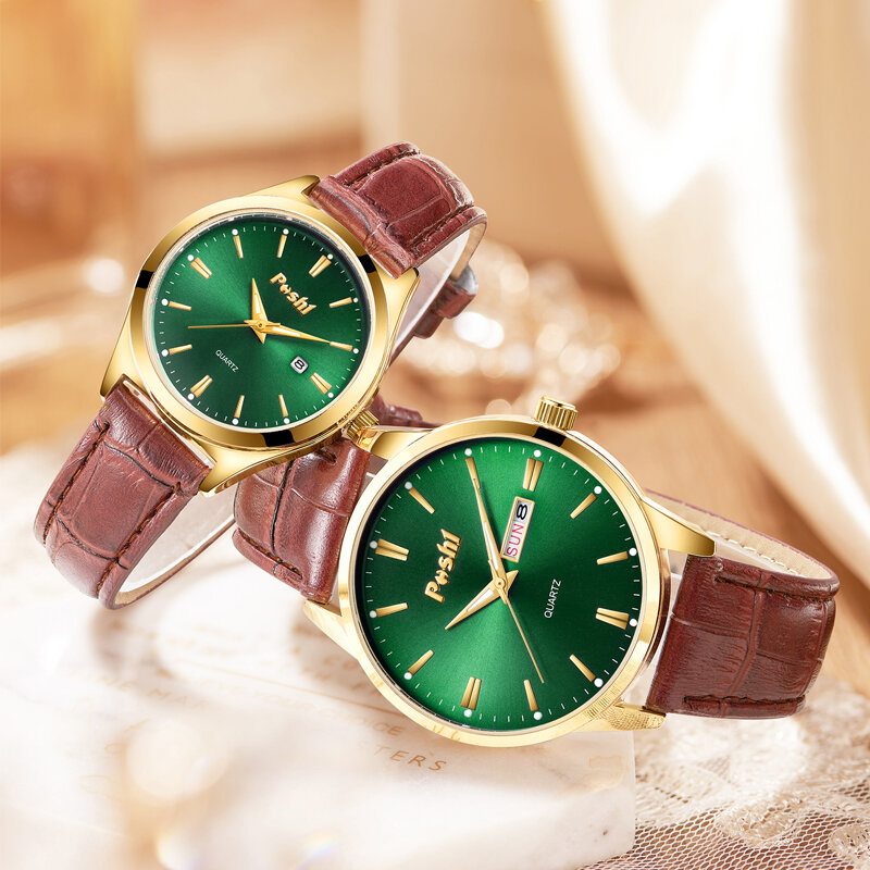 POSHI Luxury Brand Couple Watch Waterproof  Quartz Wristwatch Women And Men Watches Fashion Leather Strap Lover's Watches Gift