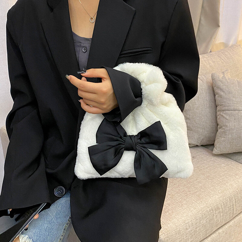 Handbags 2023 Autumn and Winter New Fashionable Elegant Bow Plush Bag Parent-child Hand Bag Sweet Casual Girls Accessory Bag