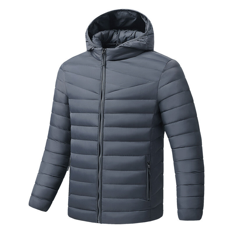 メンズカジュアルフード付きフグジャケット、単色厚、暖かい、アウトドア、スポーツ、メンズコート、冬