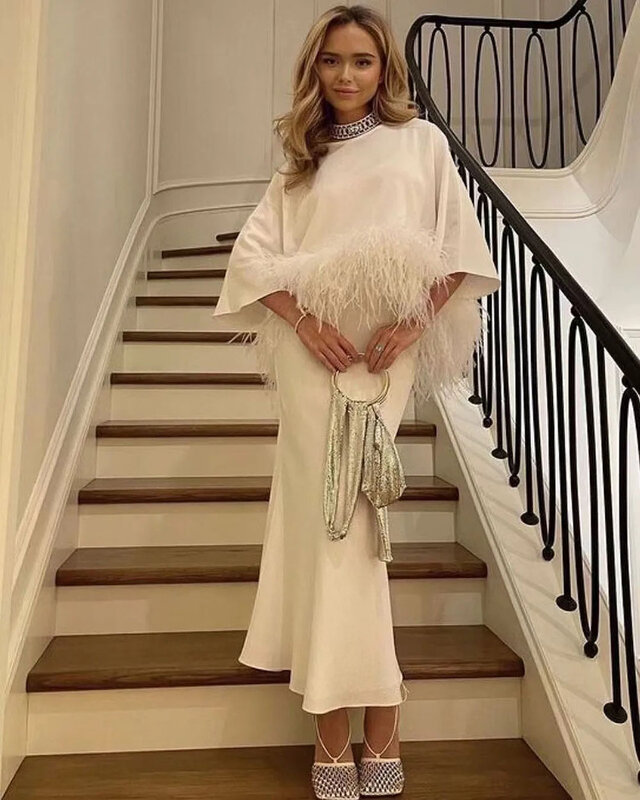 Beżowa suknia wieczorowa dubajska damska odzież wieczorowa szaty do kostek piór z okrągłym dekoltem sukienka na studniówkę suknie wizytowe Arabii Saudyjskiej