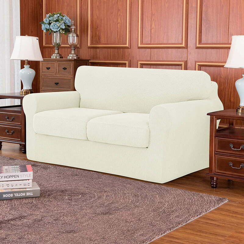 3-Piece High Spandex Textured Grid Sofa Slipcover, Separate Cushion Cover(Ivory, Loveseat)