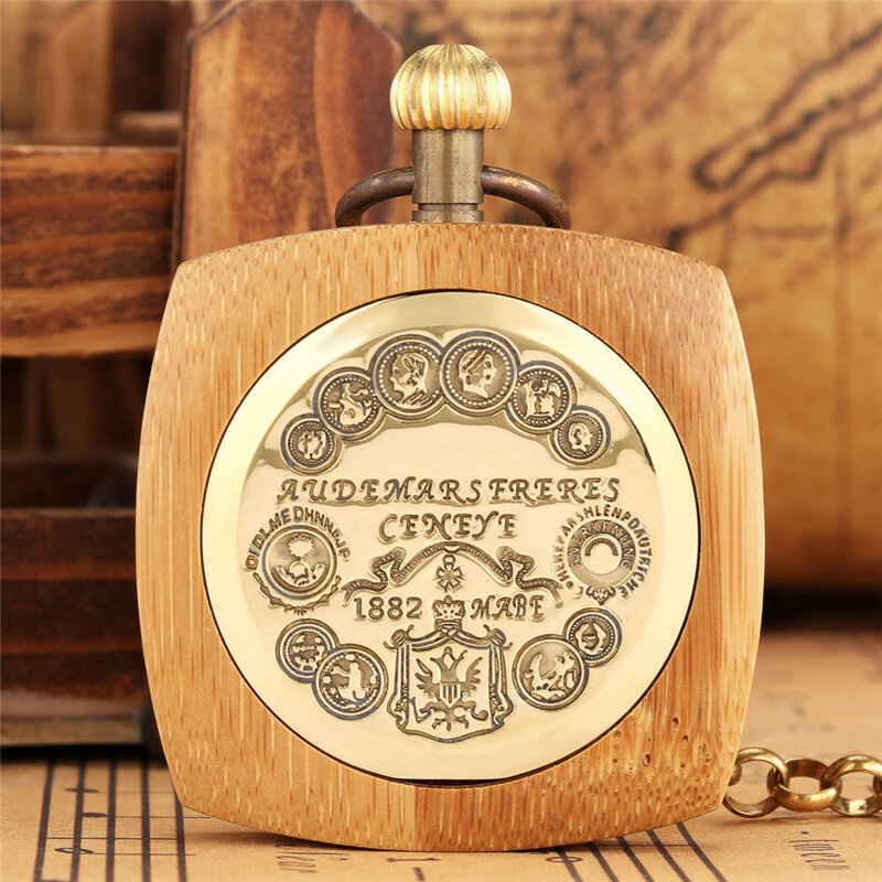 Relógio de bolso de madeira antigo para homens e mulheres, relógios mecânicos automáticos, relógio esqueleto de bambu, corrente pendente, colecionável