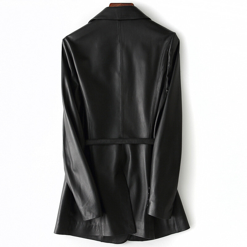 Women's Medium Length Sheepskin Suit, OL Black Coat, Fashionable Sheepskin Tops, Large Size, Spring, Autumn