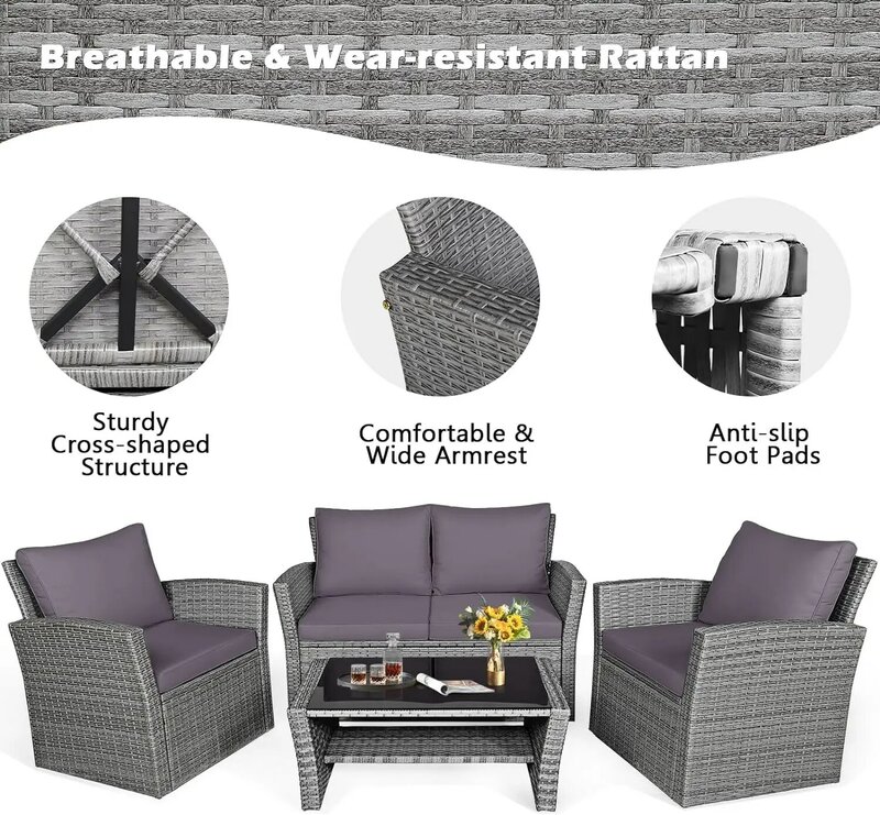 Набор мебели для патио из 4 предметов, уличный набор из ПЭ ротанга для разговора с домами, стеклянный журнальный столик, подушки, набор плетеных диванов