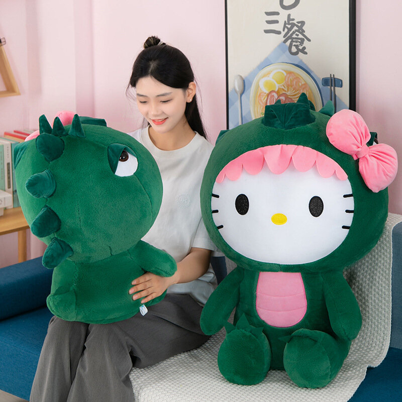 35/50/65cm Sanrio Kawaii Hello Kitty Dinosaur Plush Toy Cartoon Doll Room Decoration Sleeping Throw Pillow Kids Birthday Gift