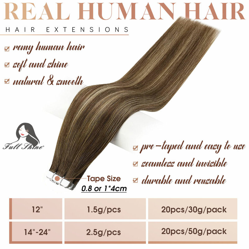 Full Shine Tape in Human Hair Extensions 100% Remy Natural Human Hair Extensions Tape in Omber Blonde Hair Extensions for Women