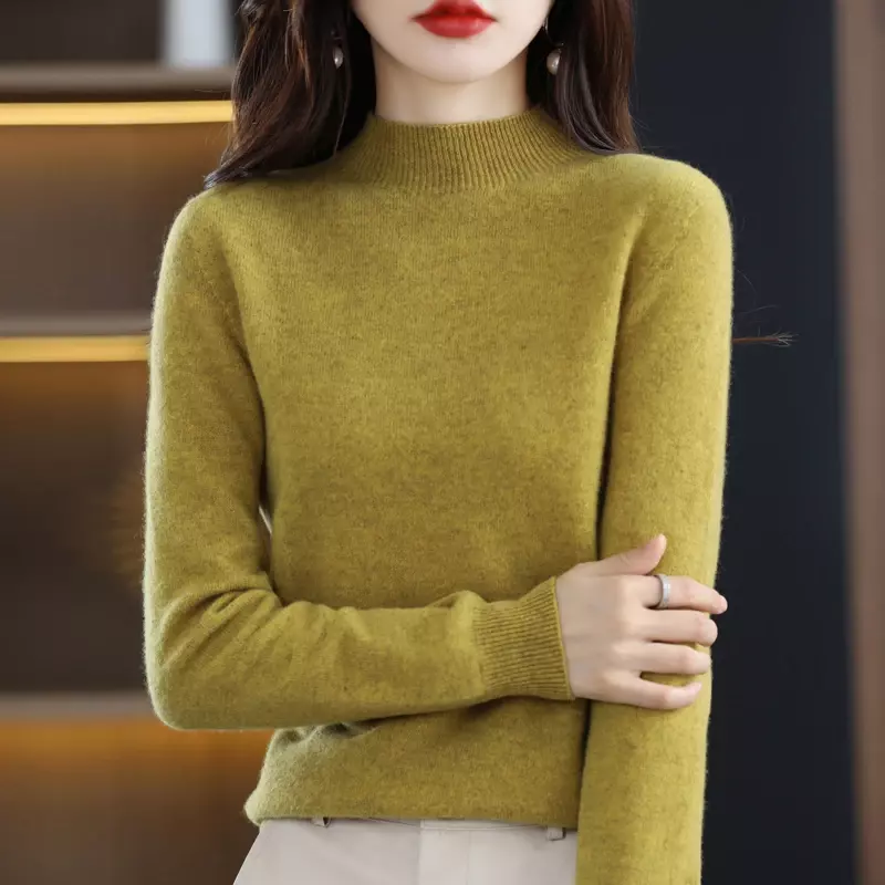 Suéter de caxemira meia gola alta feminino, pulôver selvagem, cor pura, moda casual, tops de manga longa 100% lã, outono, inverno, novo