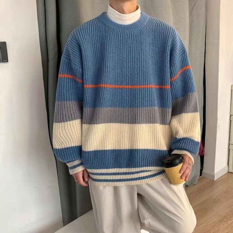 남성용 스트라이프 스웨터, 다채로운 일본 스타일, 대비 색상, 레저, 아늑한 부드러운 십대, 다목적 레트로 미적, 시크 패션