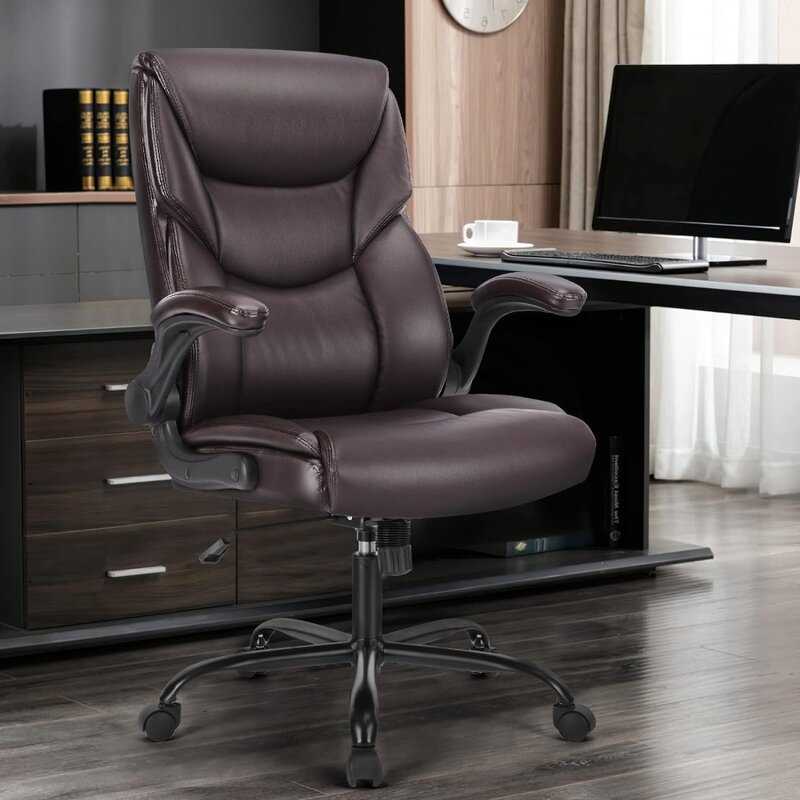 Cadeira de escritório grande e alta para casa, cadeira ergonômica com encosto alto, braços flip-up de couro pu