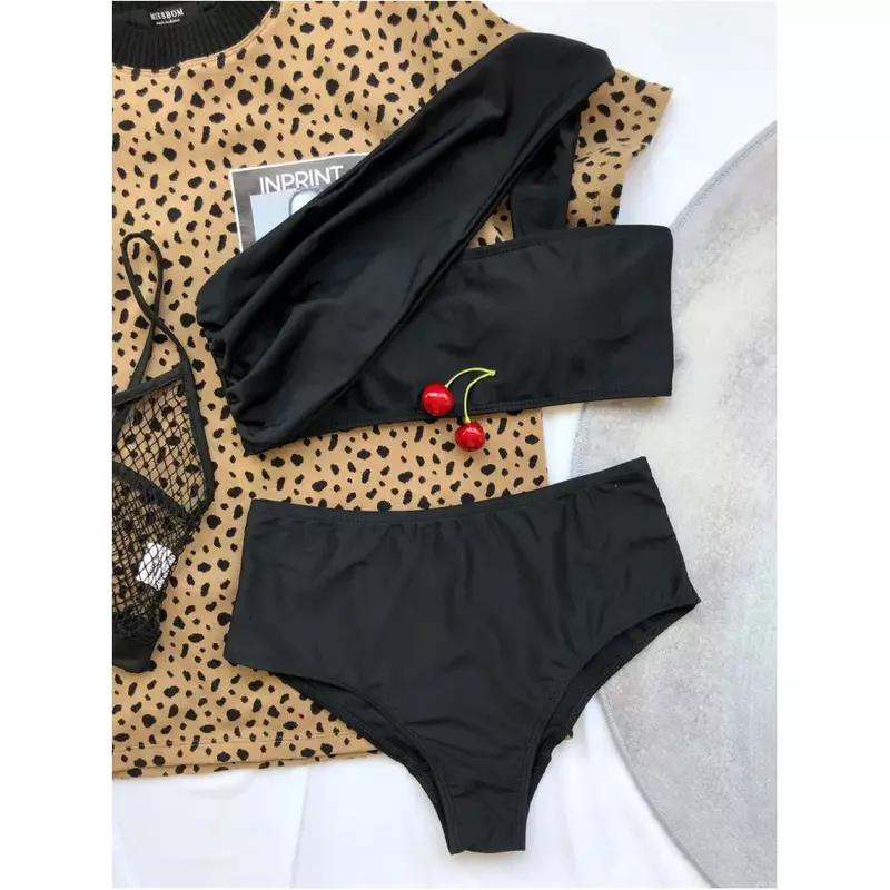 Conjuntos sexy de biquíni preto de cintura alta para mulheres maiô de um ombro, maiô acolchoado, roupa de praia de duas peças, roupa de banho