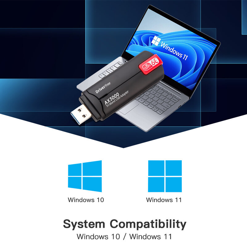 Adaptor USB Wifi6E, Dongle penerima Wifi 2.4G & 5G & 6GHz 3000Mbps USB 3.0 untuk Laptop/PC Windows 10 11 Gratis Driver