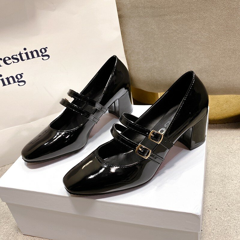 Zapatos de tacón Alto sin cordones para mujer, calzado liso de Pu poco profundo, con punta cuadrada, de alta calidad, para Primavera, 2024