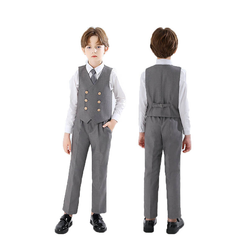 Children Soft Breathable Fabric Vest Shirt Pants Tie Formal Tuxedo Dress Boys Photograph Suit Kids Birthday Performance Costume