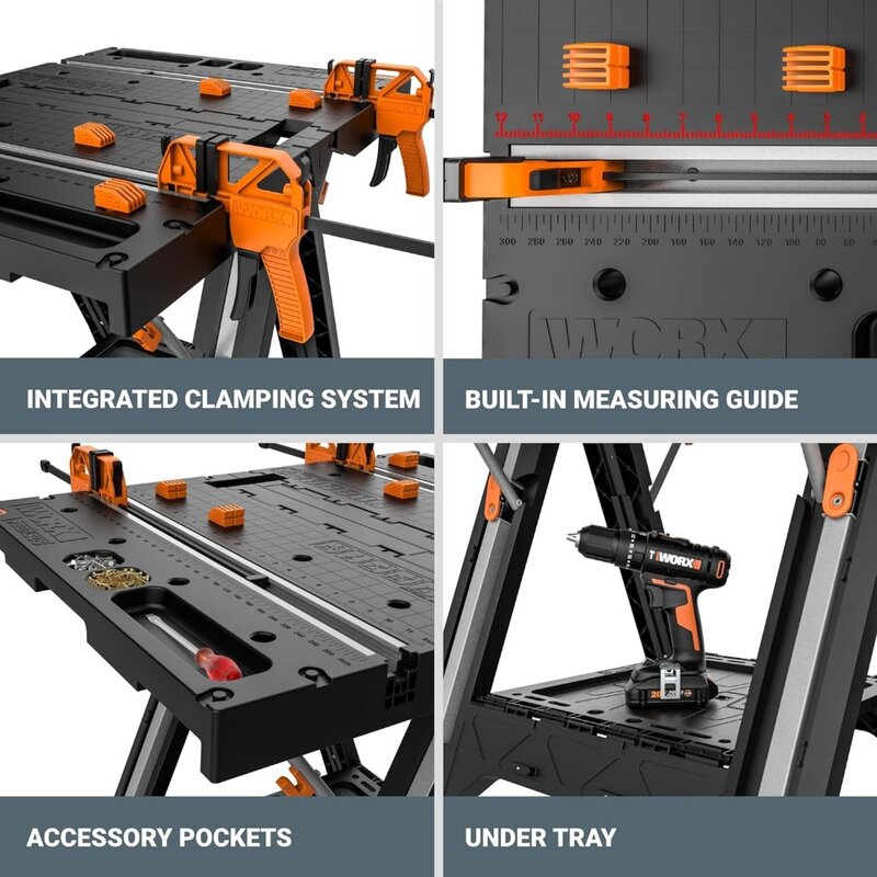 Worx Pegasus 2-in-1 Folding Work Table & Sawhorse, Easy Setup Portable Workbench, 31" W x 25" D x 32" H Lightweight Worktable
