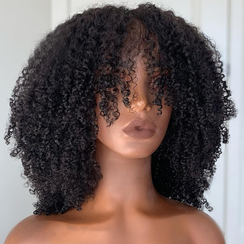 200% gęstość peruka z kręconych włosów typu Kinky z grzywką maszyna wykonana krótki Bob ludzkich włosów peruki dla czarnych kobiet Afro peruki z włosami kręconymi typu Kinky ludzkich włosów