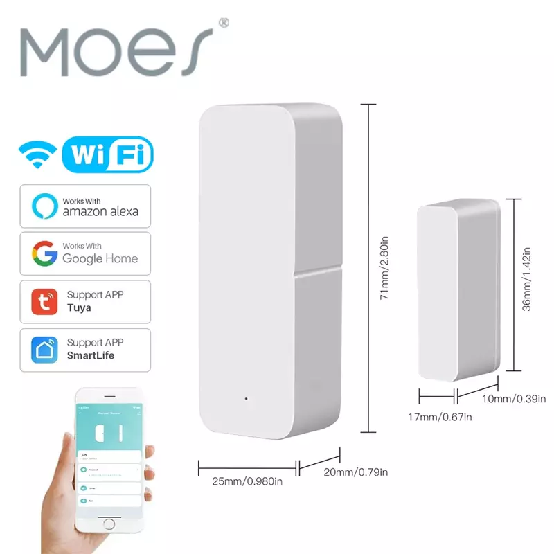 MOES-Sensor magnético de portas e janelas, casa inteligente, detectores de portas sem fio, Wi-Fi, automação com Alexa, Google Home, Tuya