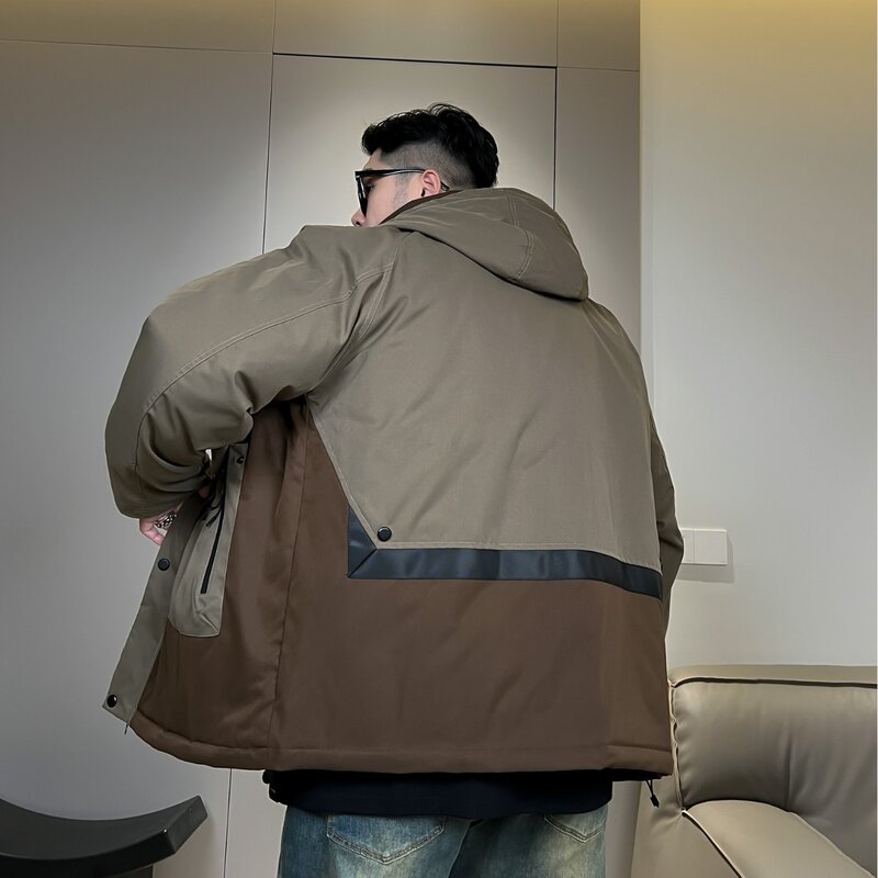 Mantel bertudung untuk pria, mantel gemuk musim dingin kasual bertudung ukuran Plus 160kg 9xl 10xl, mantel Splice warna putih hangat dan tebal untuk pria