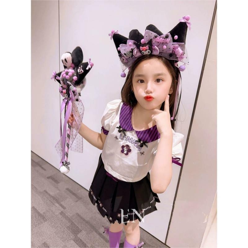 Kawaii sanrioed kuromi Kurzarmrock zweiteiliges Set Mädchen jk Uniform Falten rock adrette Mode Anzug Sommer Kinder kleidung