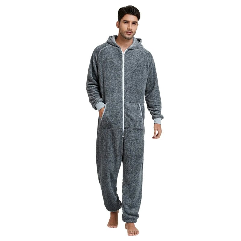 Men Warm Fleece Onesie Fluffy Sleep Lounge Adult Sleepwear One Piece Pyjamas Male Jumpsuits Hooded Sleepwear For Adult Male
